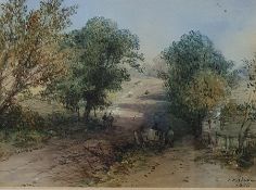 British School, 19th century Watercolour Cart on a rural track with figures, signed indistinctly
