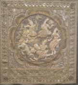 Large Eastern embroidered panel, the central roundel with raised seated figures and leopard,