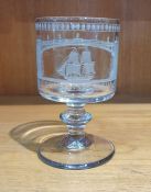 19th century Sunderland Bridge glass rummer, the bowl engraved with a titled scene of a sailing boat