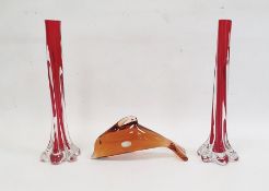 Pair of Murano clear and red cased glass stem vases with elephant foot base(28cm) together with a