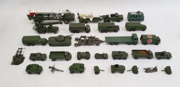 Box of assorted playworn military vehicles to include Dinky Supertoys, Medium Artillery tractor 689,