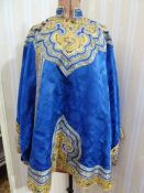 Chinese embroidered silk robe, brass button with relief pattern and silk loop fastenings, borders