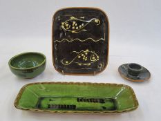 Dieter Kunzemann decorated Coldstone fish plate, 21cm, a bowl, a Coldstone decorated dish and a