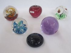 Bristol blue glass paperweight with insect and floral engraving, a Wedgwood apple-shaped