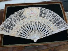 19th century mother-of-pearl painted lace flower fan with cartouche and panel, floral and bird