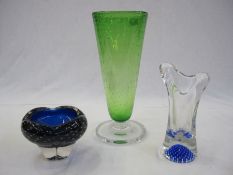 Three pieces of 20th century glass to include a large green and clear glass tapering vase with