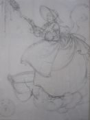 Winifred Ackroyd  Pencil study Children's illustration of old lady with basket and moon, signed