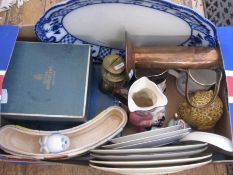 Quantity of glass and other decanters, character jugs, plates, metalware, etc (2 boxes)