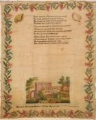 Sampler by Harriet Elizabeth Holden aged 11, 1838, flower border, with prayer, unfinished, with a