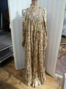Jean Varon - early 1970's maxi dress, full pleated skirt from high waist under yoke, high neck,