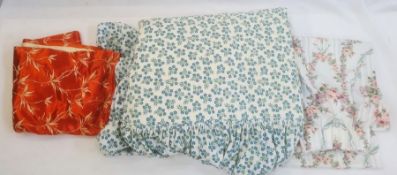 Pair of full-length chintz curtains with a matching duvet cover, three pairs of vintage red satin