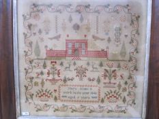 Large sampler, Mary Jones' Work in the year 1848, aged 9 years, flower border, red brick house