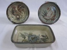 Colin Kellam studio pottery two circular dishes, goose and cockerel decorated, 19cm diameter and a