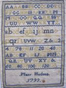 Sampler with alphabet and numbers by Mary Hodson 1799, backed onto paper, blue and yellow thread (