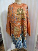 Chinese embroidered silk  Dragon robe, apricot ground, gold thread embroidered with five-clawed