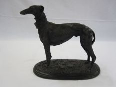 After Mene bronzed figure of a greyhound on oval base, signed to base, 26cm high