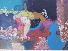 After Lee White Limited edition print 227/300 Figure with guitar, signed lower right, 45 x 66cm