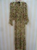 1930's printed chiffon tea dress, sleeveless, bias cut, frilled and flounced skirt, cowl neck,