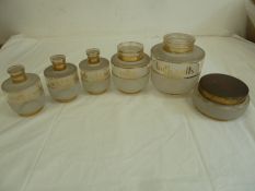 1950's frosted glass vanity set - six jars to include 'Mouthwash', 'Eau de Cologne, 'Cotton' etc. (