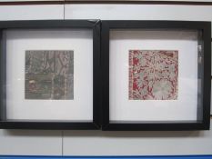 Four framed Indian hand-sewn samples from larger pieces, approx. 12cm x 12cm (4)