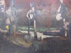 Rodney Gladwell (British, 1928-1979) Oil on board Abstract nude figures in landscape, signed lower