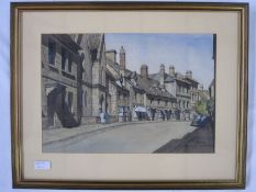 E W Moy (20th century school) Watercolours Two street scenes, possible Winchcombe and a fishing