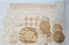 Various lace and cotton doilies, lace trimmings and a card with appliqued cherries embroidered