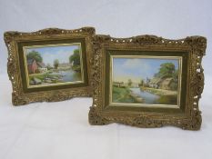 Richard Rhead Simm Pair of paintings on porcelain Village scenes with thatched cottages, children