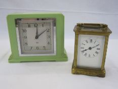 Smith Sectric green Art Deco-style clock, 13.5cm high and a carriage clock, 10.5cm high (not
