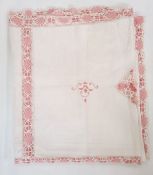 Linen and lace bed cover with pink details, 500cm x 215cm