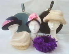 Two vintage hat boxes, a faux fur hat, a cream fur hat labelled Grand Fur, made in Sweden, a mink