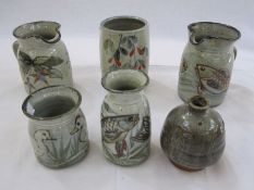Colin Kellam studio pottery to include jugs and vases, fish and flower decorated (6)