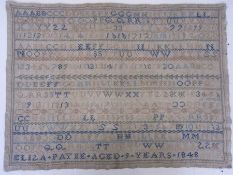 Sampler with alphabet and numbers by Eliza Payne aged 9 years, 1848, many coloured threads used,