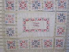 Large embroidered on linen and lace cloth (faded and some staining), centre initialled 'WM', 150cm x