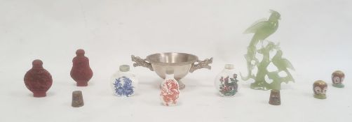 Three ceramic scent bottles, two further scent bottles, a hardstone carving of birds on a branch and