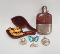 Gold plated glass double-sided locket, silver coloured metal butterfly wing butterfly brooch,