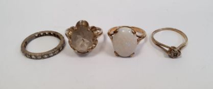 9ct gold white opal set ring, a 9ct gold and single solitaire diamond set ring, 1mm in diameter