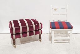 White painted ladderback chair and a plum ground white striped upholstered footstool on turned