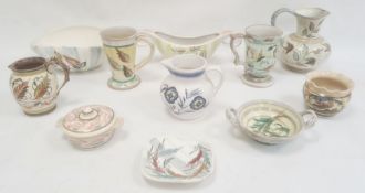 Bourne Denby pottery bowl by Glyn Colledge decorated with leaves, with painted signature, 24cm long,