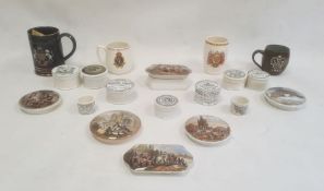 Four circular Victorian pot lids, one depicting the Albert Memorial, another of a group picnicking