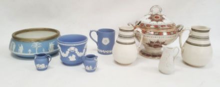 Victorian two-handled tureen and cover decorated with borders of ivy leaves, a Wedgwood blue
