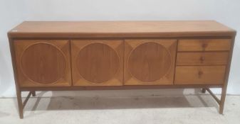 Mid-century modern teak sideboard, rectangular top above two central cupboard doors, the left hand a