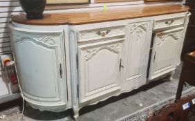 Large French style sideboard, the breakfront top with moulded edge and parquetry inlay, white