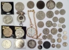 A silver sovereign case, six pence's, two shillings, a gilt coloured pocket watch and other silver