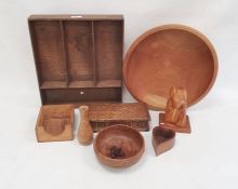 A carved wooden king fisher by Faust Lang, a turned wooden bowl, a wooden box, etc