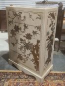 20th century Chinese-style chest of five drawers, cream-ground decorated, with birds amongst foliage