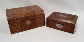 A walnut and parquetry inlaid work box and one further walnut and mother of pearl inlaid box (2)