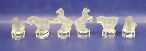 Six glass models of animals, each frosted with clear glass bases, comprising a pair of Goebel
