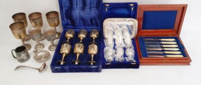 Quantity of stainless steel flatware, silver-coloured metal goblets, plated ware, etc