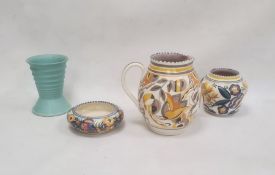 Poole pottery jug in grey, yellow and orange, a vase, a bowl and a Langley pottery vase in turquoise
